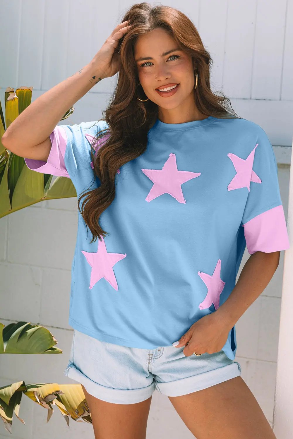 T-Shirt - Denim Star Print - Oversized Casual