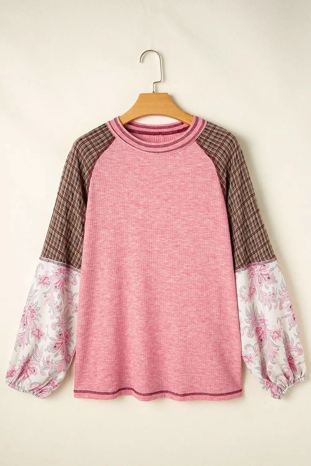 Love Salve Fushia Patchwork Top Women's Casual Knit Top: Ribbed & Raglan