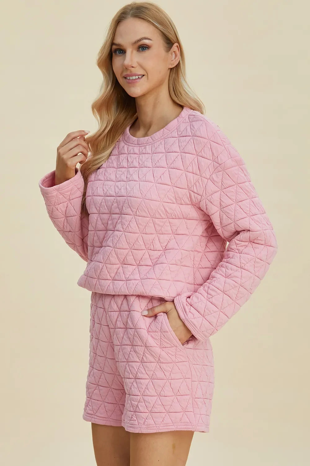 Double Take Textured Long Sleeve Top & Shorts Set