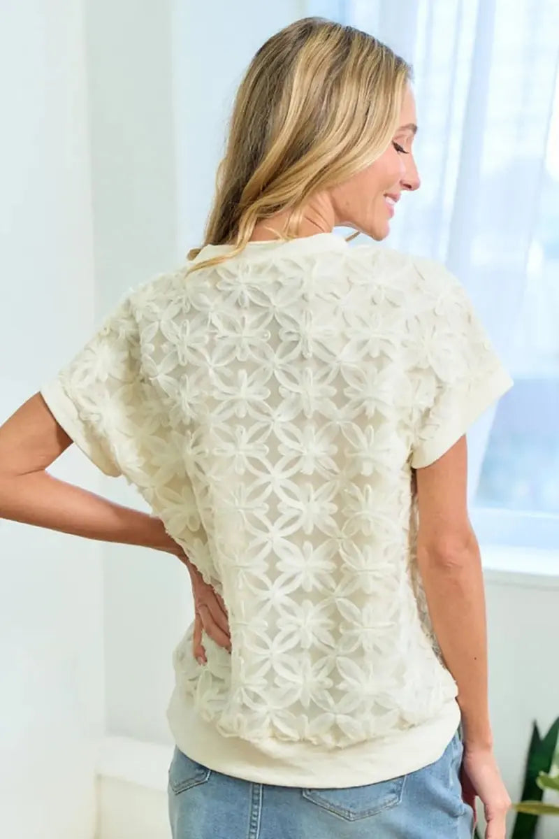 Women's Short Sleeve Tee - 3D Mesh Flower - Casual Lightweight