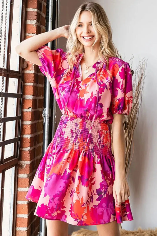 Mini Dress - Floral Smocked Short Sleeve - Casual Summer