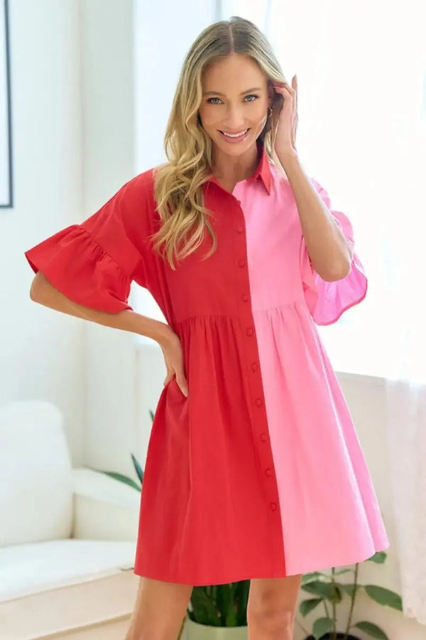 Babydoll Mini Dress - Color Block Button Down - Casual & Flattering
