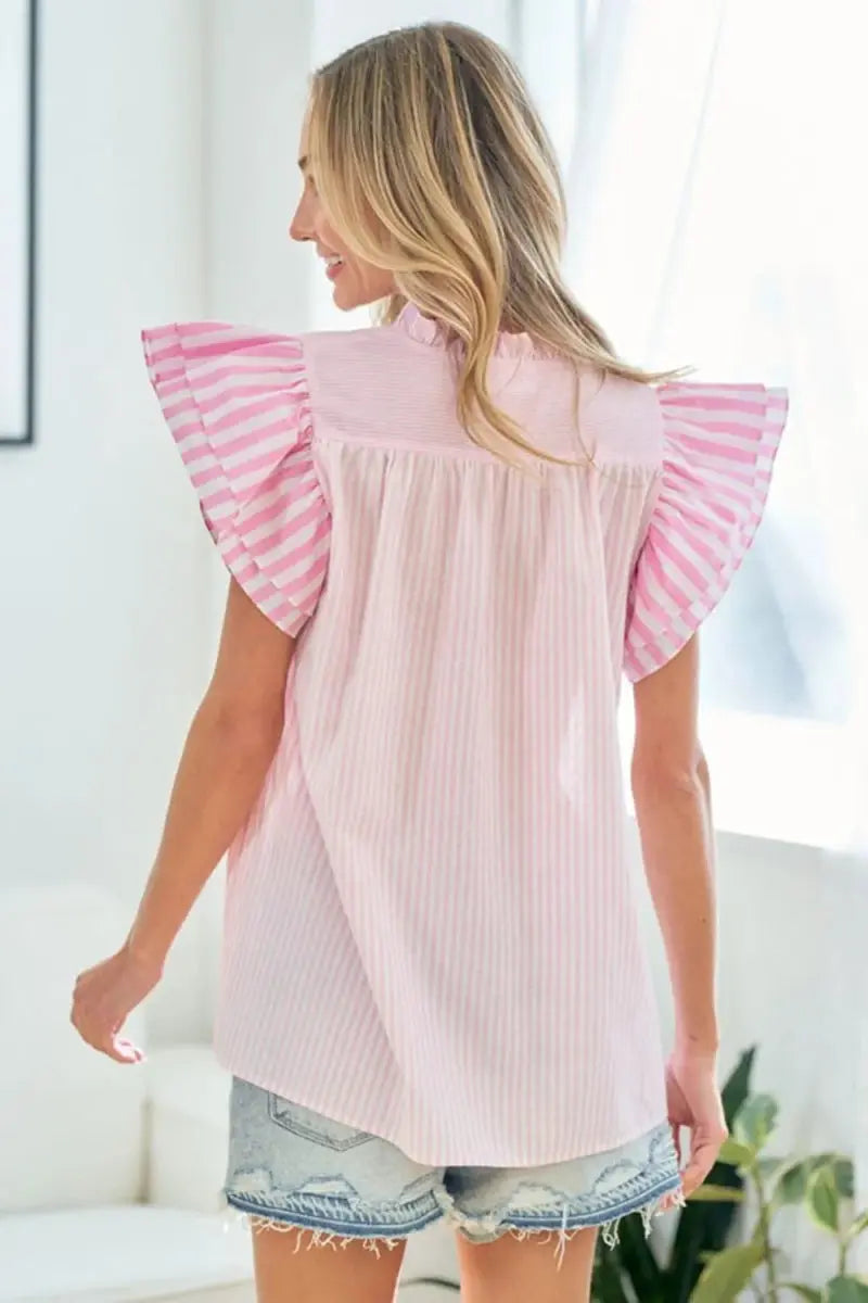 Trendsi Striped Flutter Sleeve Women's Blouse Casual Top USA Ship