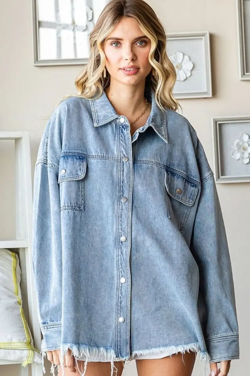 Trendsi Denim Jacket Women's Casual Raw Hem Button Down Outerwear - Smile Face Detail