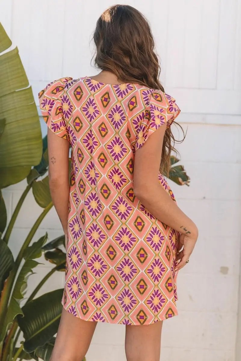 Love Salve Orange Floral Mini Dress Women's Summer Bohemian Ruffle Sleeve Dress - Flirty & Cute