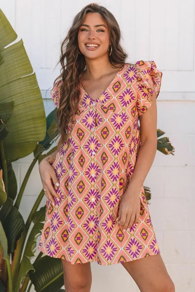 Love Salve Orange Floral Mini Dress Women's Summer Bohemian Ruffle Sleeve Dress - Flirty & Cute