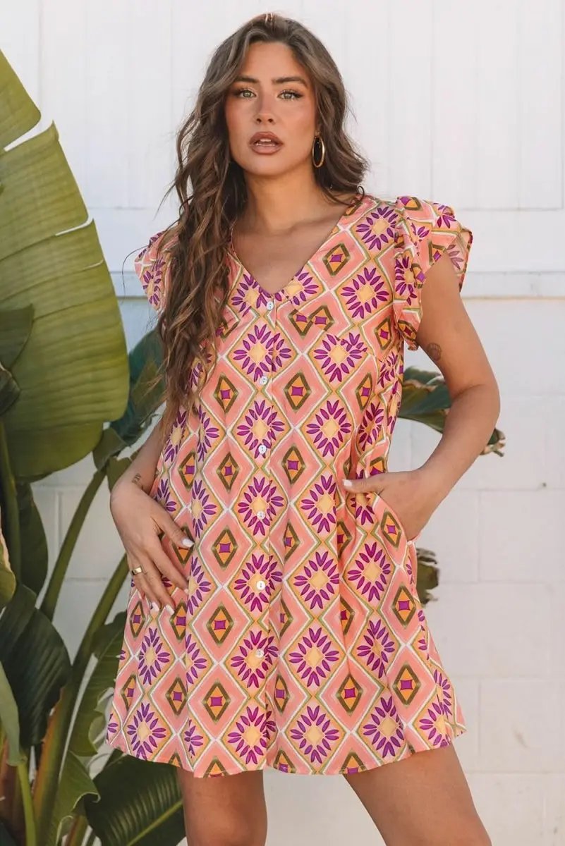 Love Salve Orange Floral Mini Dress Women's Summer Bohemian Ruffle Sleeve Dress - Flirty & Cute