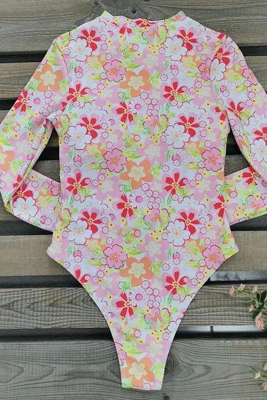 One-Piece Swimsuit - UPF50+ Long Sleeve - Floral Print