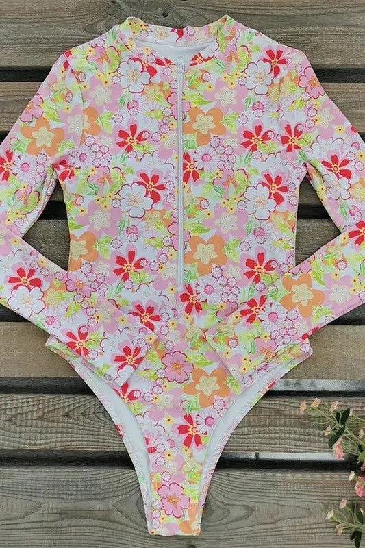One-Piece Swimsuit - UPF50+ Long Sleeve - Floral Print