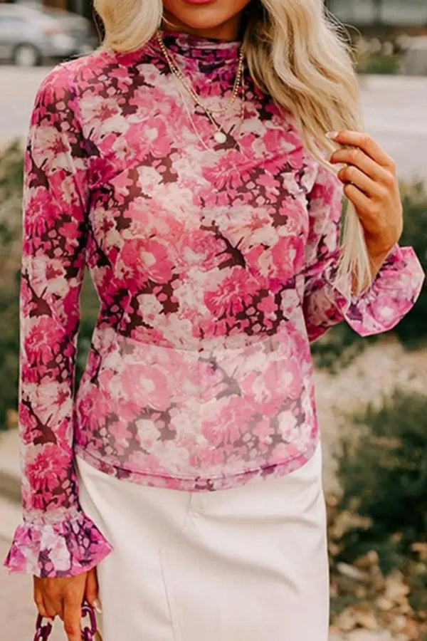 Trendsi Floral Print Top Women's Chic Turtleneck Ruffle Sleeve Versatile Top
