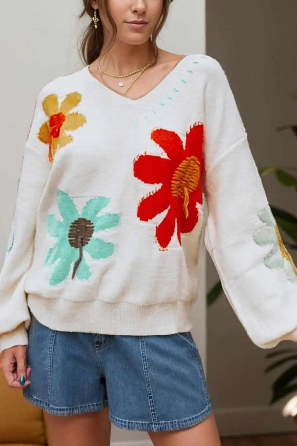Flower V-Neck Sweater - Comfortable Fit - Fall Fashion Knit Top