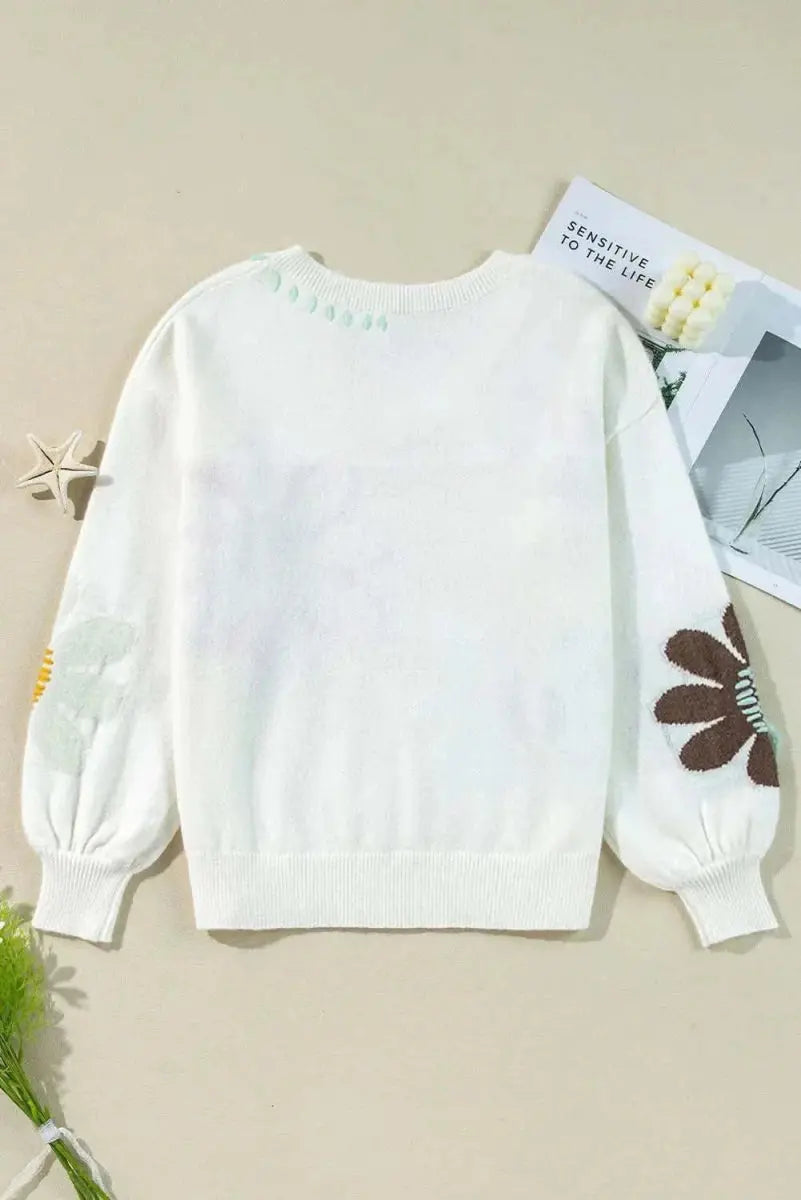 Flower V-Neck Sweater - Comfortable Fit - Fall Fashion Knit Top