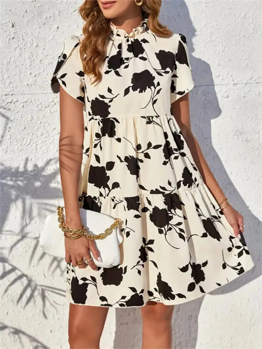 Trendsi Printed Mini Dress Women's Casual Tiered Short Sleeve Cute