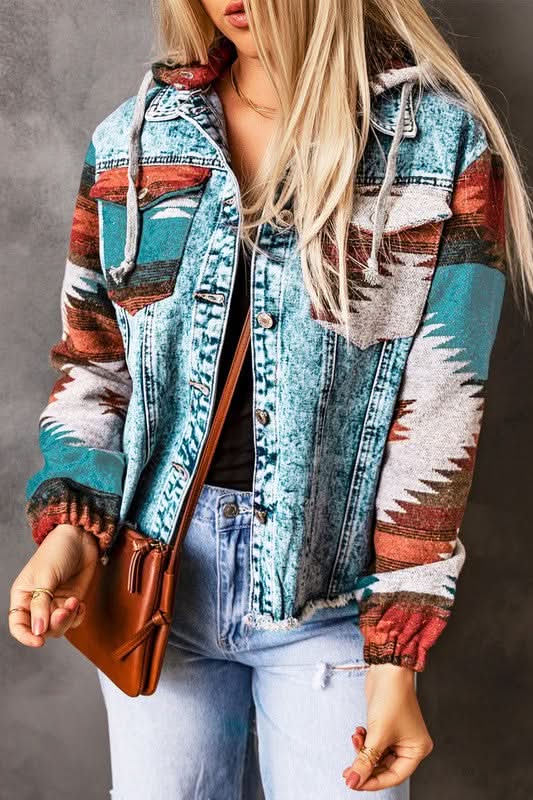 Denim Jacket - Geometric Print & Frayed Hem - Modern Chic Style