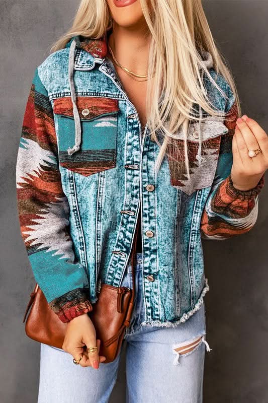 Denim Jacket - Geometric Print & Frayed Hem - Modern Chic Style