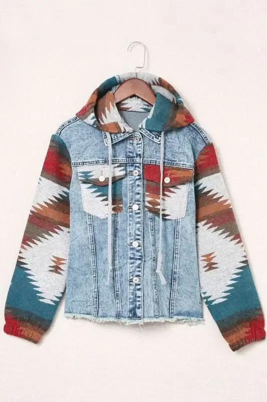 Denim Jacket - Geometric Print & Frayed Hem - Modern Chic Style
