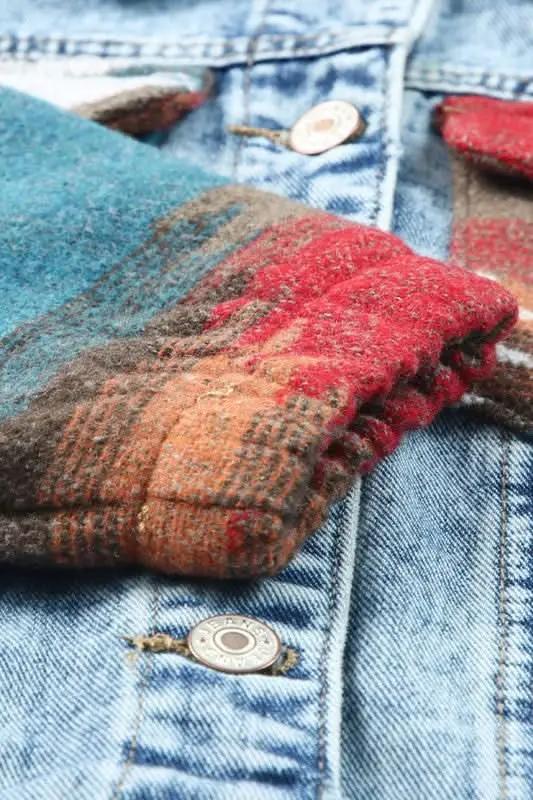 Denim Jacket - Geometric Print & Frayed Hem - Modern Chic Style