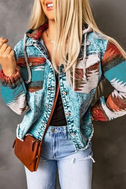 Denim Jacket - Geometric Print & Frayed Hem - Modern Chic Style
