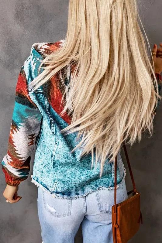 Denim Jacket - Geometric Print & Frayed Hem - Modern Chic Style