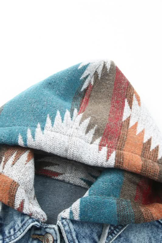 Denim Jacket - Geometric Print & Frayed Hem - Modern Chic Style