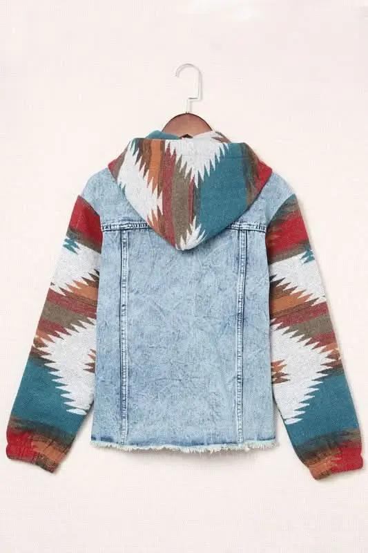 Denim Jacket - Geometric Print & Frayed Hem - Modern Chic Style