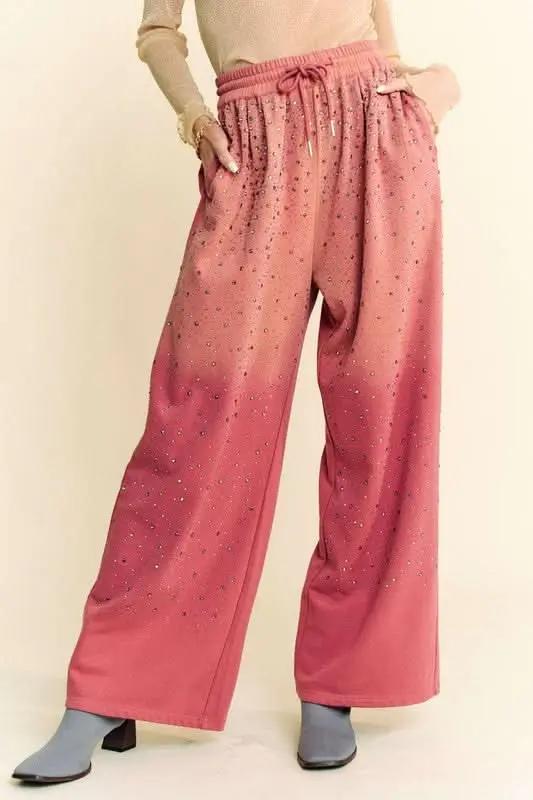 Trendsi Rhinestone Wide Leg Pants Women's Party/Club Trousers Adjustable Drawstring