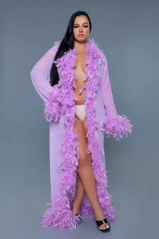 Premium BE WICKED Glamour Boa Feather Trim Robe, Black, One Size - Luxurious Sleepwear