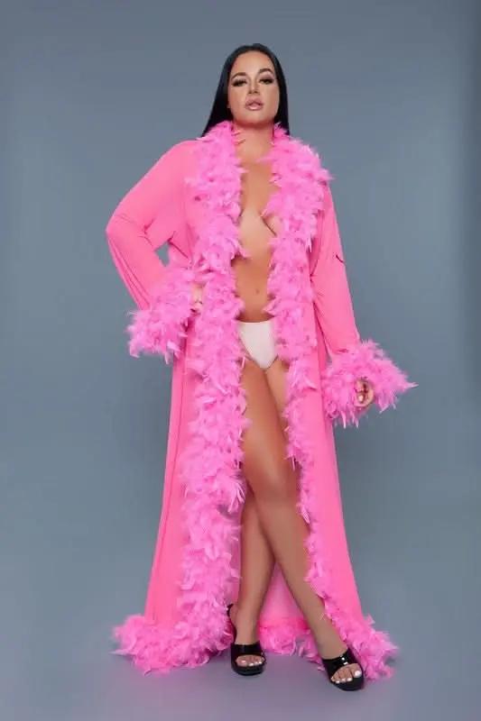 Premium BE WICKED Glamour Boa Feather Trim Robe, Black, One Size - Luxurious Sleepwear
