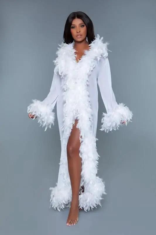 Premium BE WICKED Glamour Boa Feather Trim Robe, Black, One Size - Luxurious Sleepwear