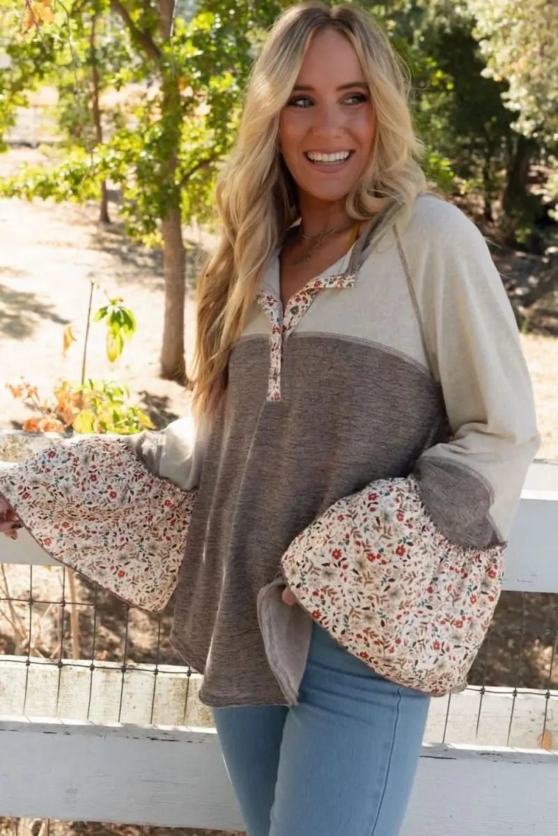 Love Salve Colorblock Floral Top Women's Boho Henley Top Flared Sleeves, Chic