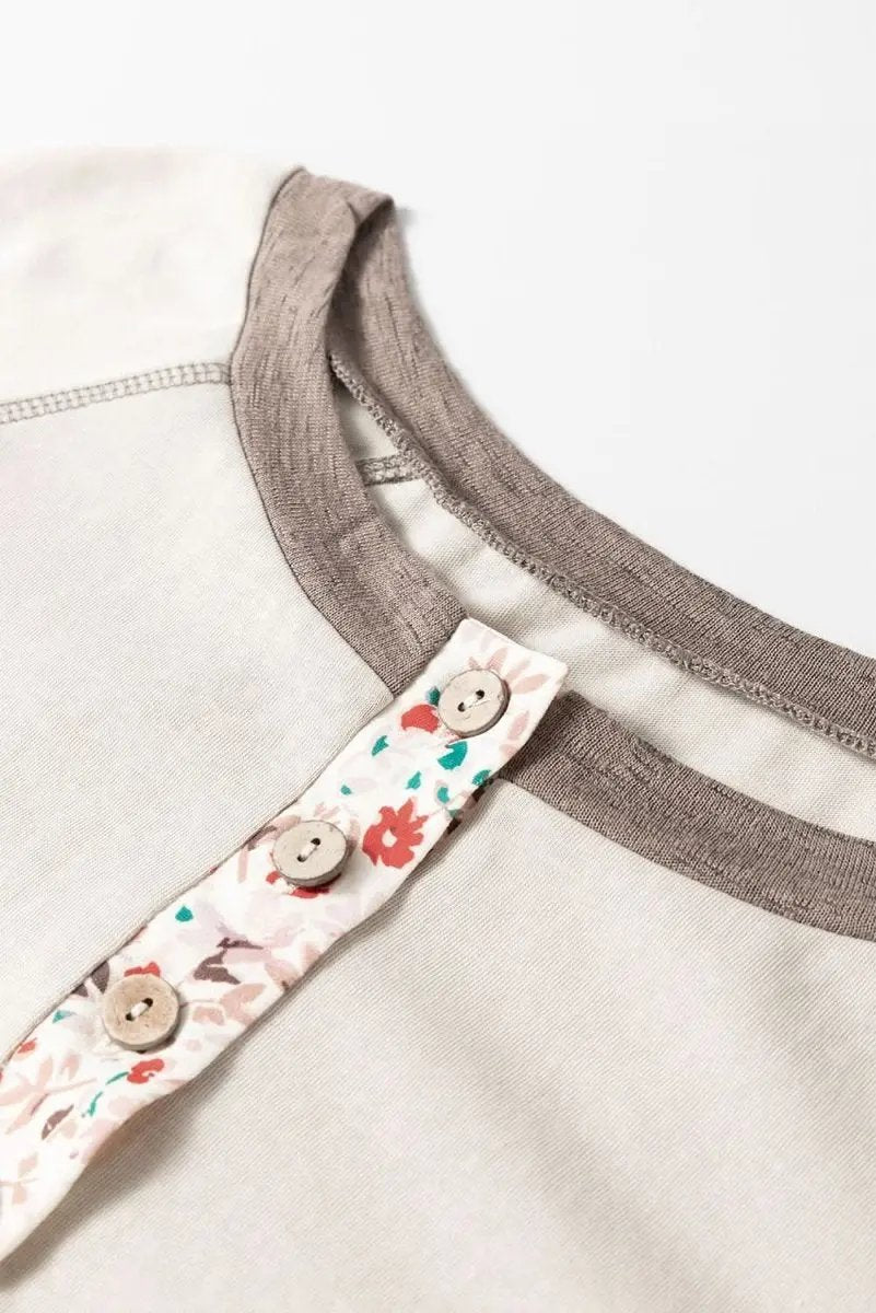 Love Salve Colorblock Floral Top Women's Boho Henley Top Flared Sleeves, Chic