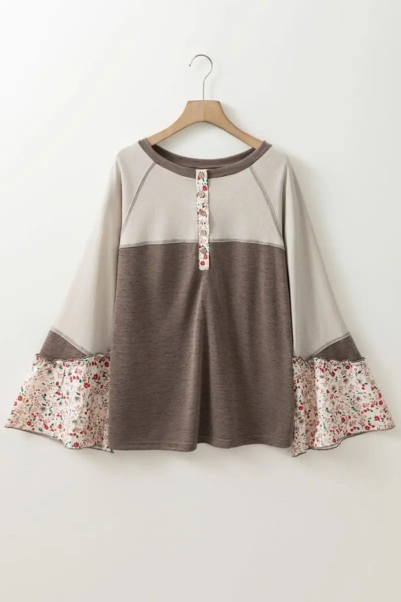 Love Salve Colorblock Floral Top Women's Boho Henley Top Flared Sleeves, Chic