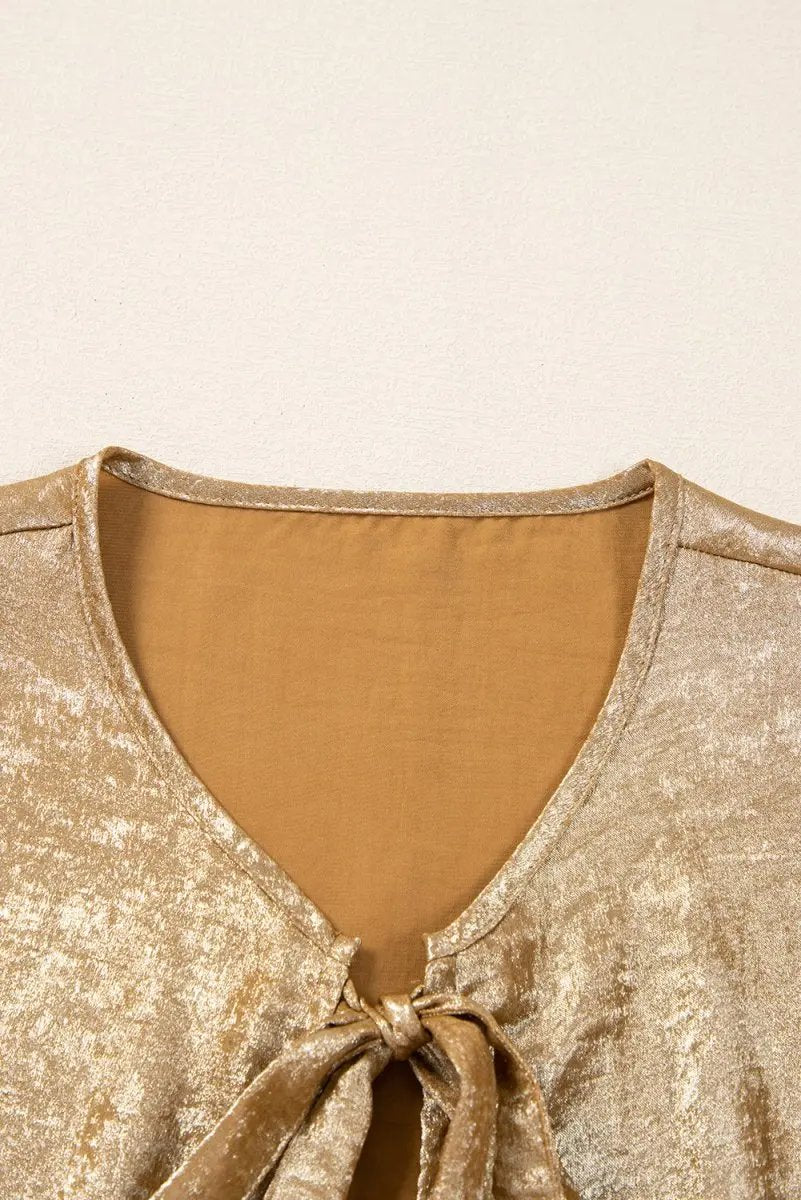 Love Salve Gold Velvet Blouse Women's Daily Elegant Top: Bow Detail, Ruffle Hem