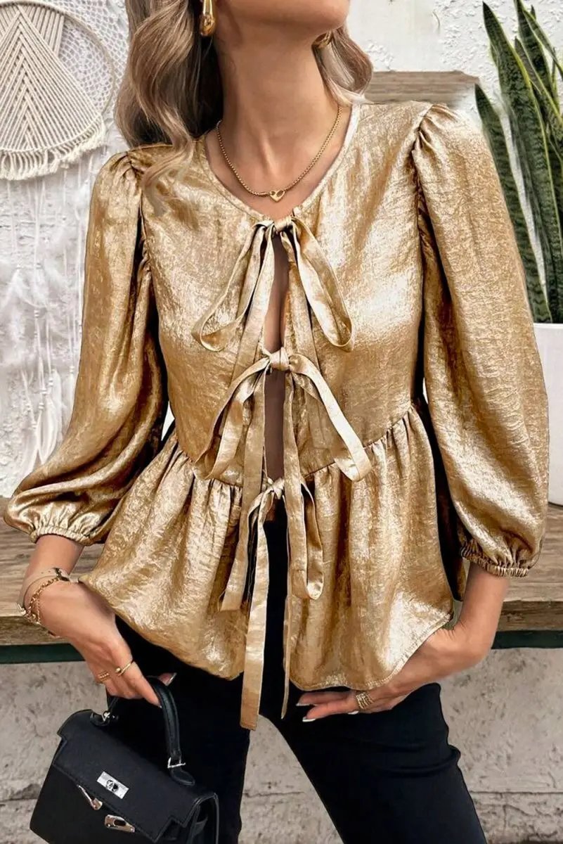 Love Salve Gold Velvet Blouse Women's Daily Elegant Top: Bow Detail, Ruffle Hem