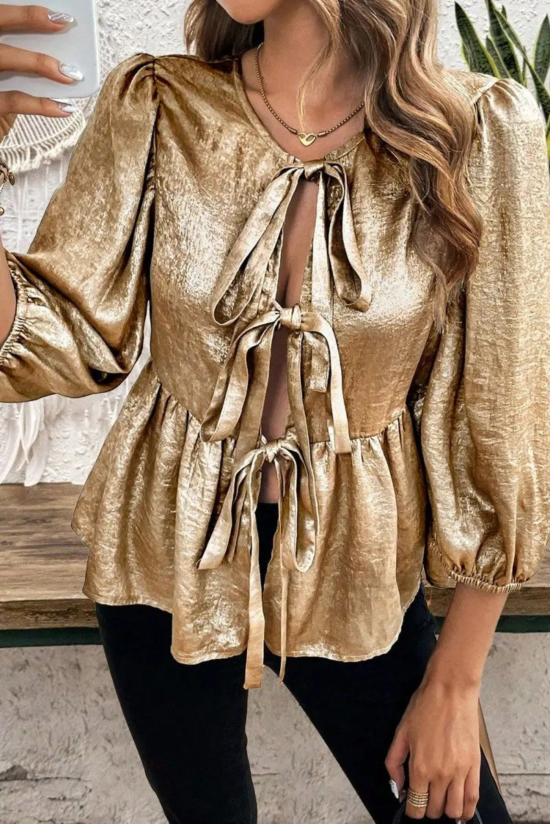 Love Salve Gold Velvet Blouse Women's Daily Elegant Top: Bow Detail, Ruffle Hem