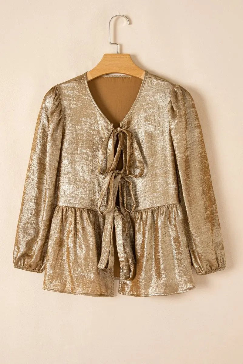 Love Salve Gold Velvet Blouse Women's Daily Elegant Top: Bow Detail, Ruffle Hem