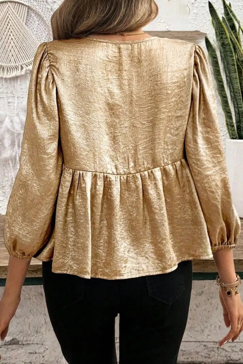 Love Salve Gold Velvet Blouse Women's Daily Elegant Top: Bow Detail, Ruffle Hem