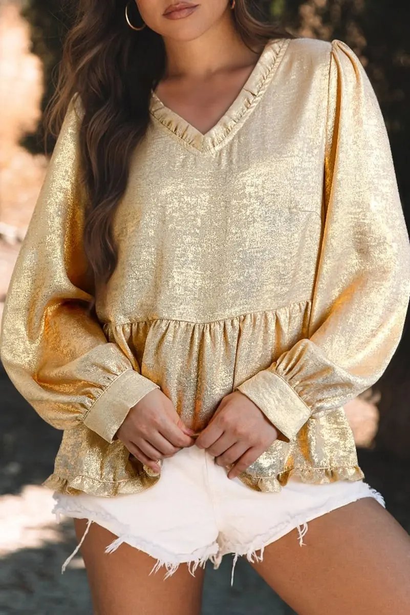 Love Salve Gold Metallic Frilled Women's Babydoll Blouse V Neck Puff Sleeve Top
