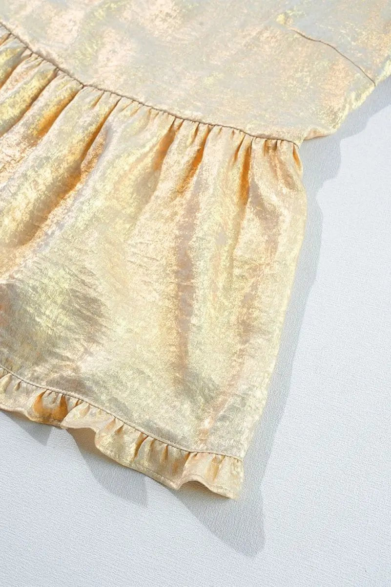 Love Salve Gold Metallic Frilled Women's Babydoll Blouse V Neck Puff Sleeve Top