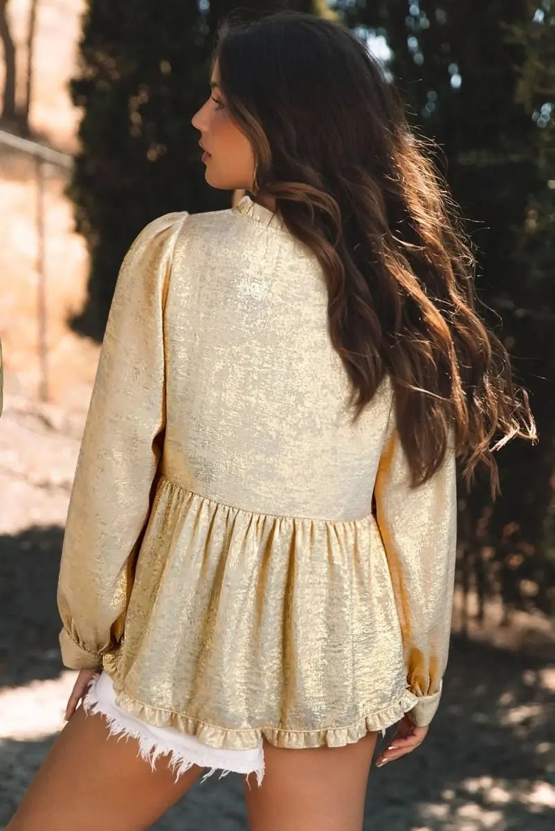 Love Salve Gold Metallic Frilled Women's Babydoll Blouse V Neck Puff Sleeve Top