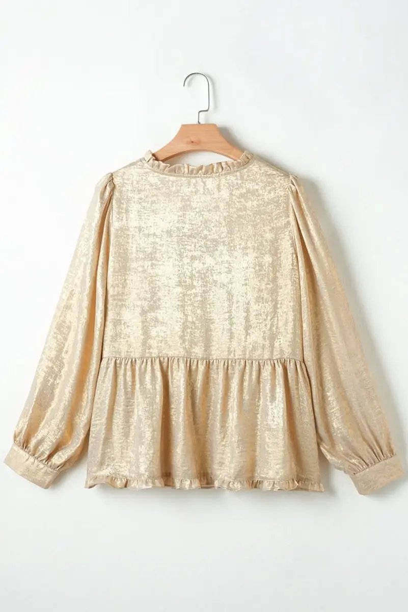 Love Salve Gold Metallic Frilled Women's Babydoll Blouse V Neck Puff Sleeve Top