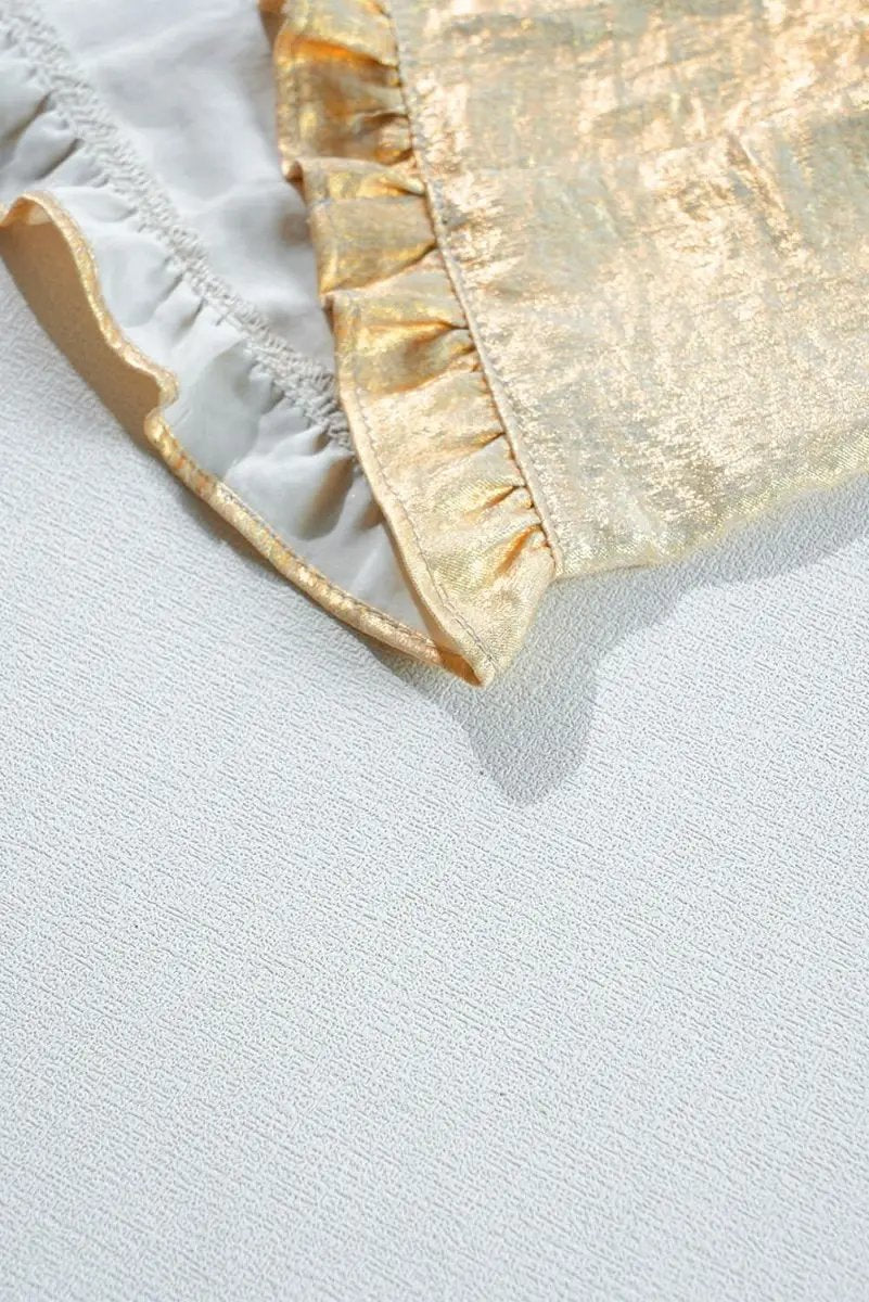 Love Salve Gold Metallic Frilled Women's Babydoll Blouse V Neck Puff Sleeve Top