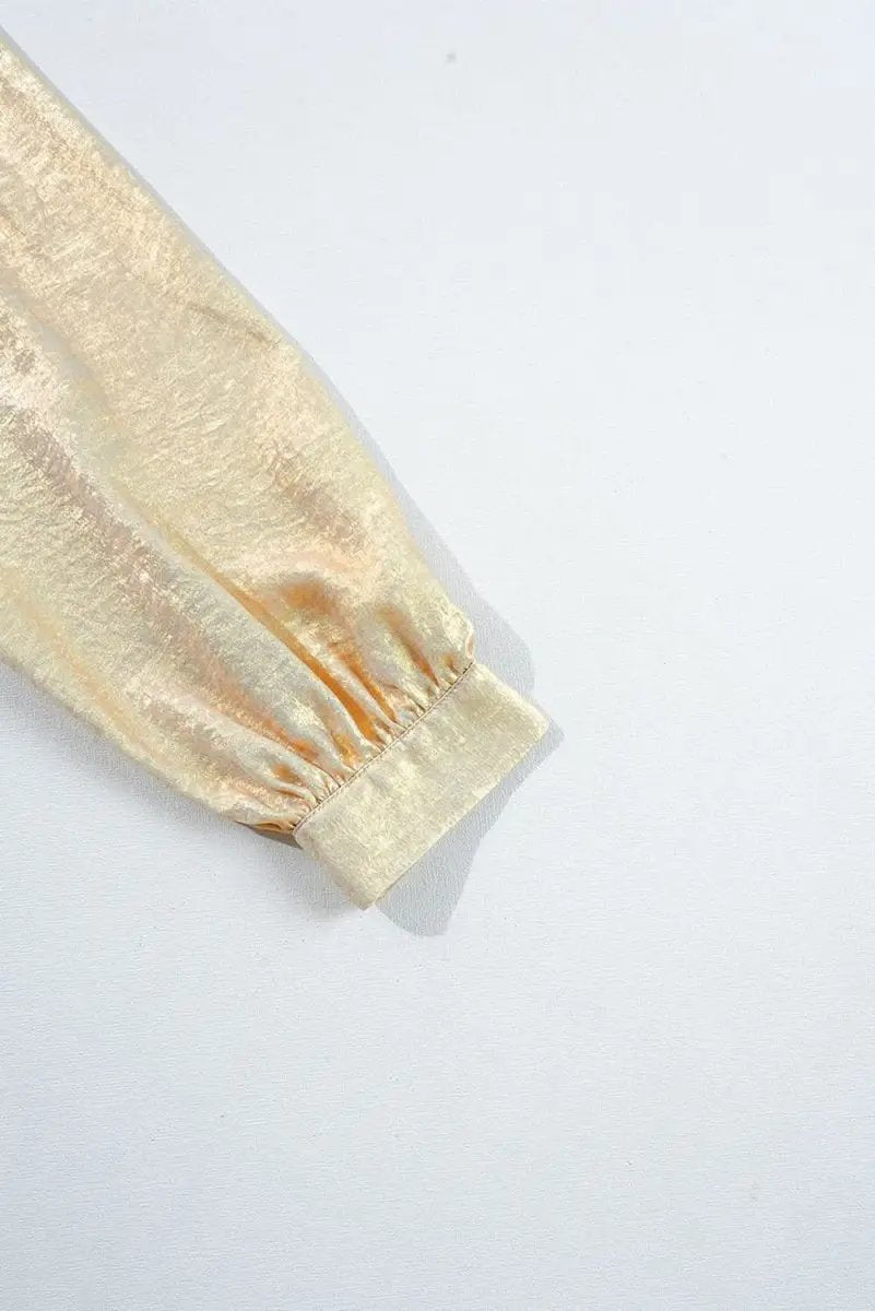 Love Salve Gold Metallic Frilled Women's Babydoll Blouse V Neck Puff Sleeve Top