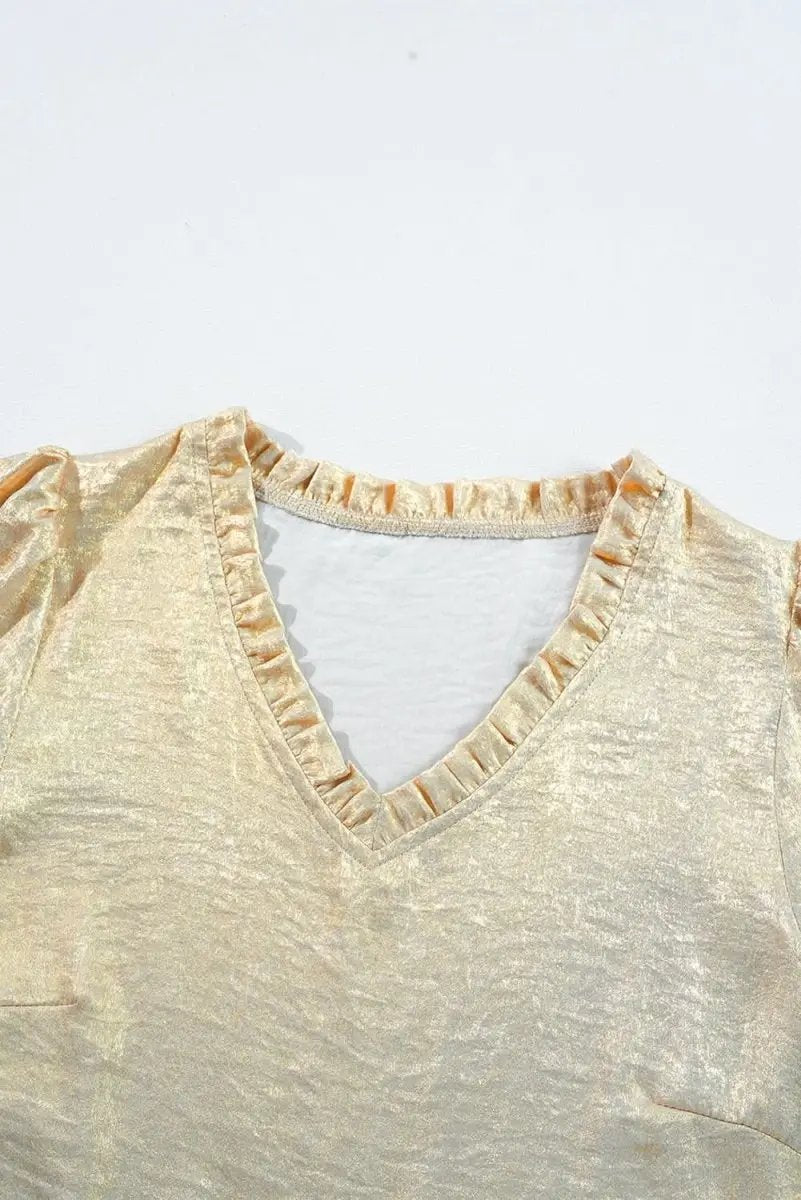 Love Salve Gold Metallic Frilled Women's Babydoll Blouse V Neck Puff Sleeve Top