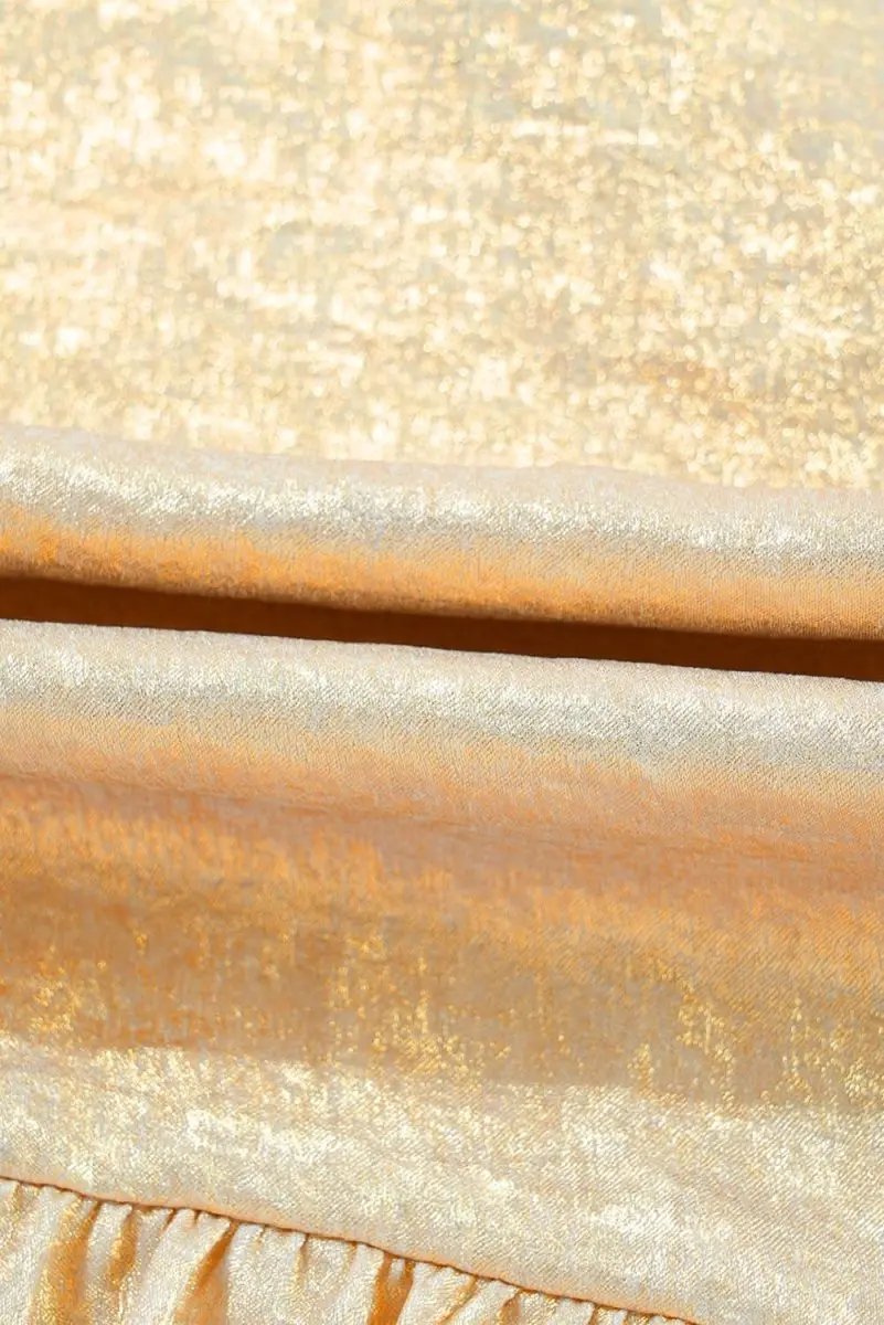 Love Salve Gold Metallic Frilled Women's Babydoll Blouse V Neck Puff Sleeve Top