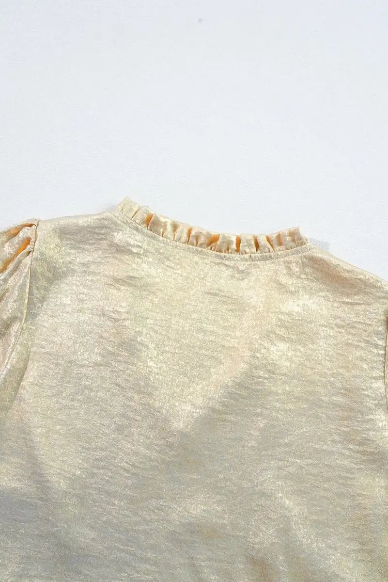 Love Salve Gold Metallic Frilled Women's Babydoll Blouse V Neck Puff Sleeve Top