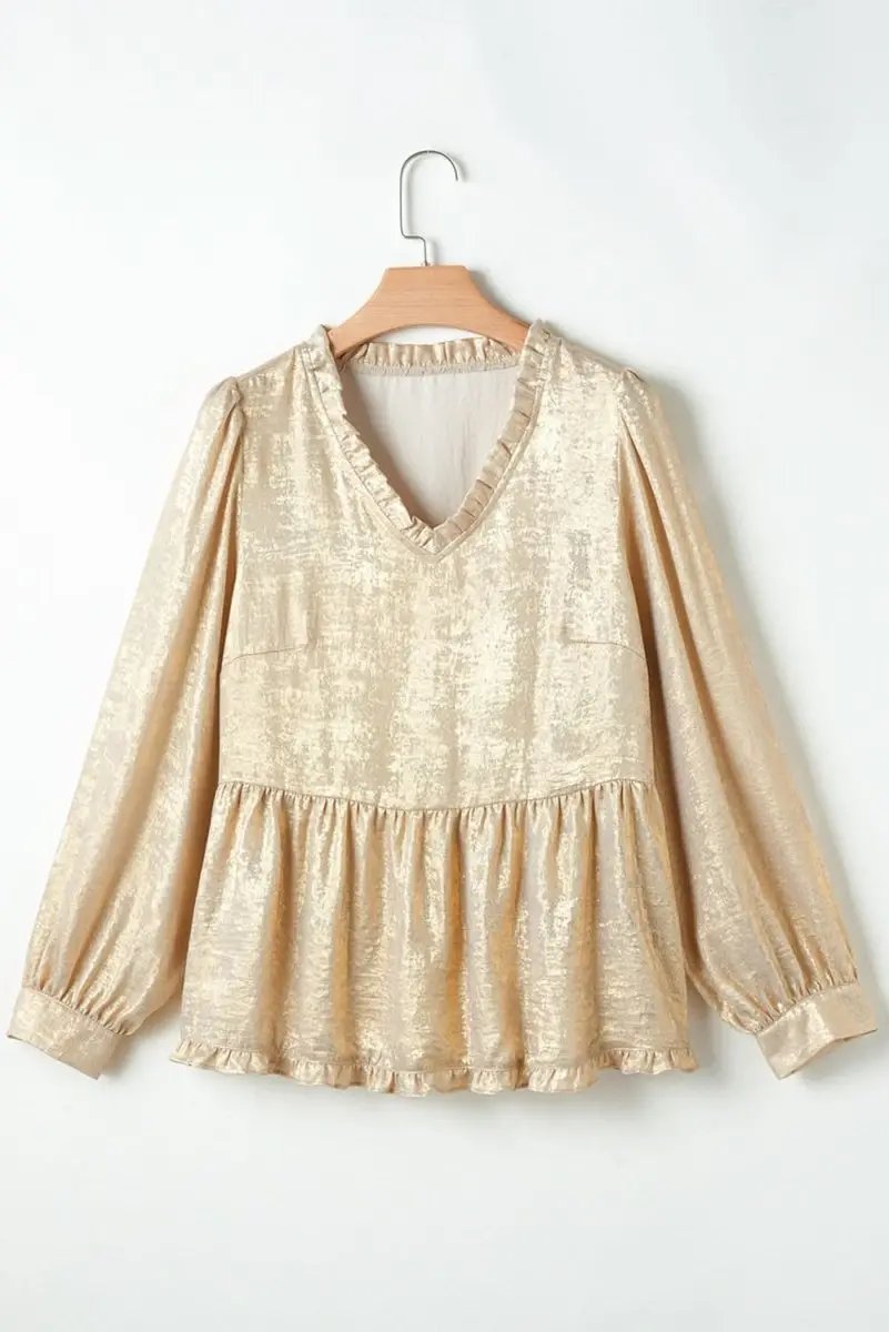 Love Salve Gold Metallic Frilled Women's Babydoll Blouse V Neck Puff Sleeve Top