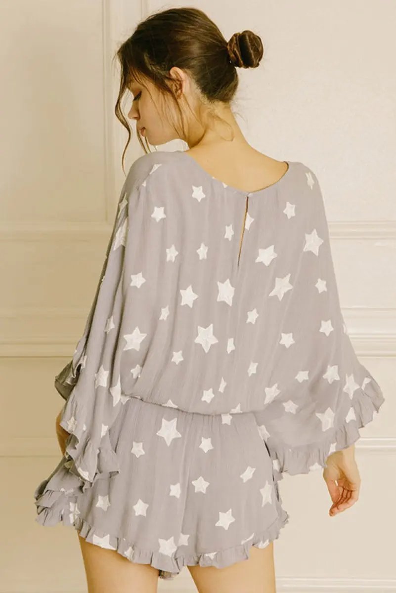 Love Salve Gray Star Romper Women's Daily Wear Kimono Ruffle Sleeve Casual
