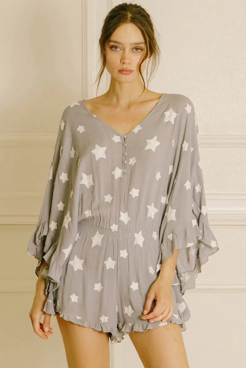 Love Salve Gray Star Romper Women's Daily Wear Kimono Ruffle Sleeve Casual