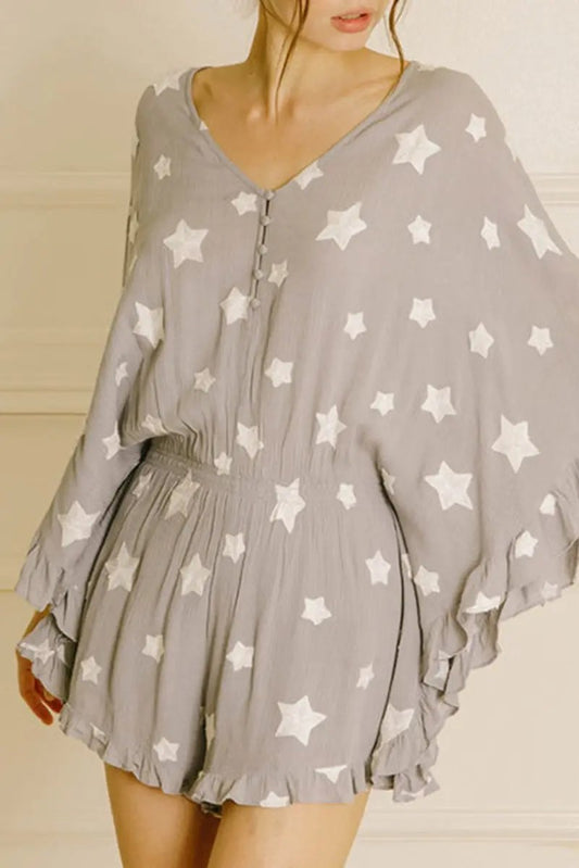 Love Salve Gray Star Romper Women's Daily Wear Kimono Ruffle Sleeve Casual